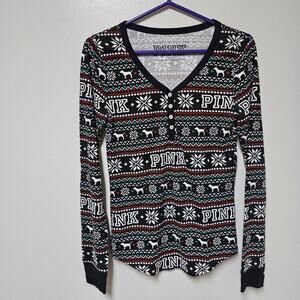 Victoria's Secret Pink Fair Isle Thermal Henley Sleep Shirt Size M